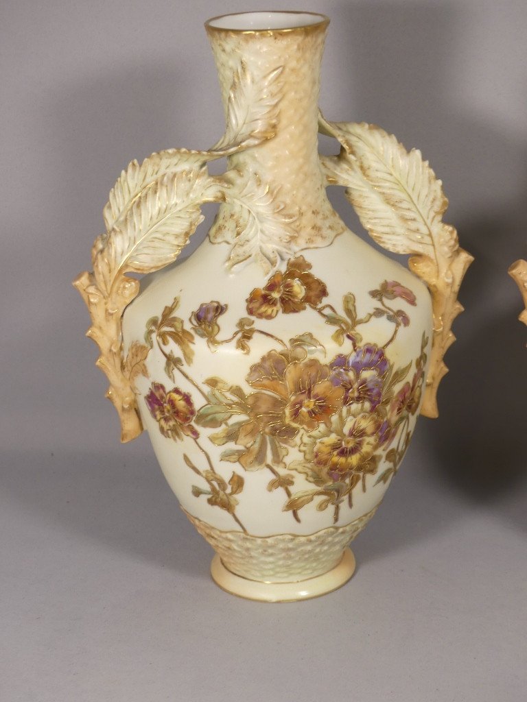 Pair Of Pansy Vases, German Porcelain From Rudolstadt, Straus And Sons Circa 1890-photo-3