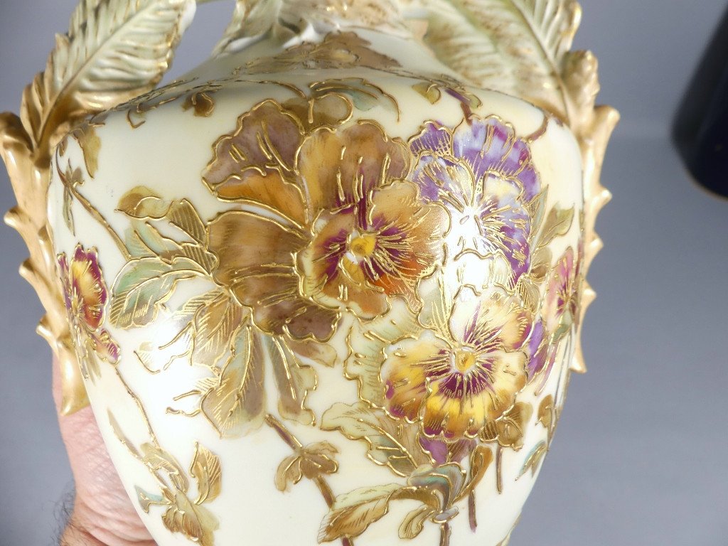 Pair Of Pansy Vases, German Porcelain From Rudolstadt, Straus And Sons Circa 1890-photo-1