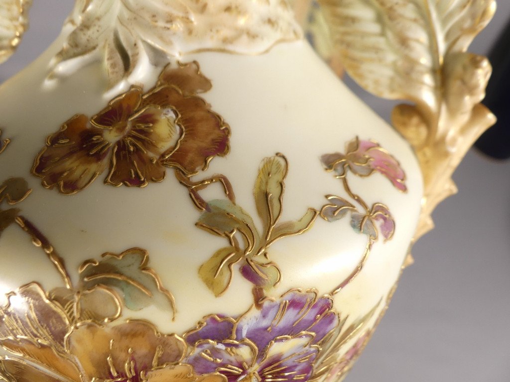 Pair Of Pansy Vases, German Porcelain From Rudolstadt, Straus And Sons Circa 1890-photo-4