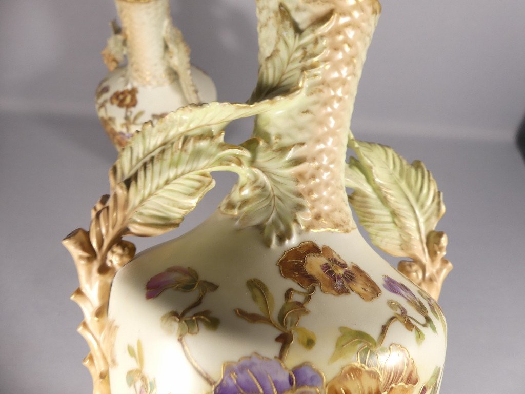 Pair Of Pansy Vases, German Porcelain From Rudolstadt, Straus And Sons Circa 1890-photo-7