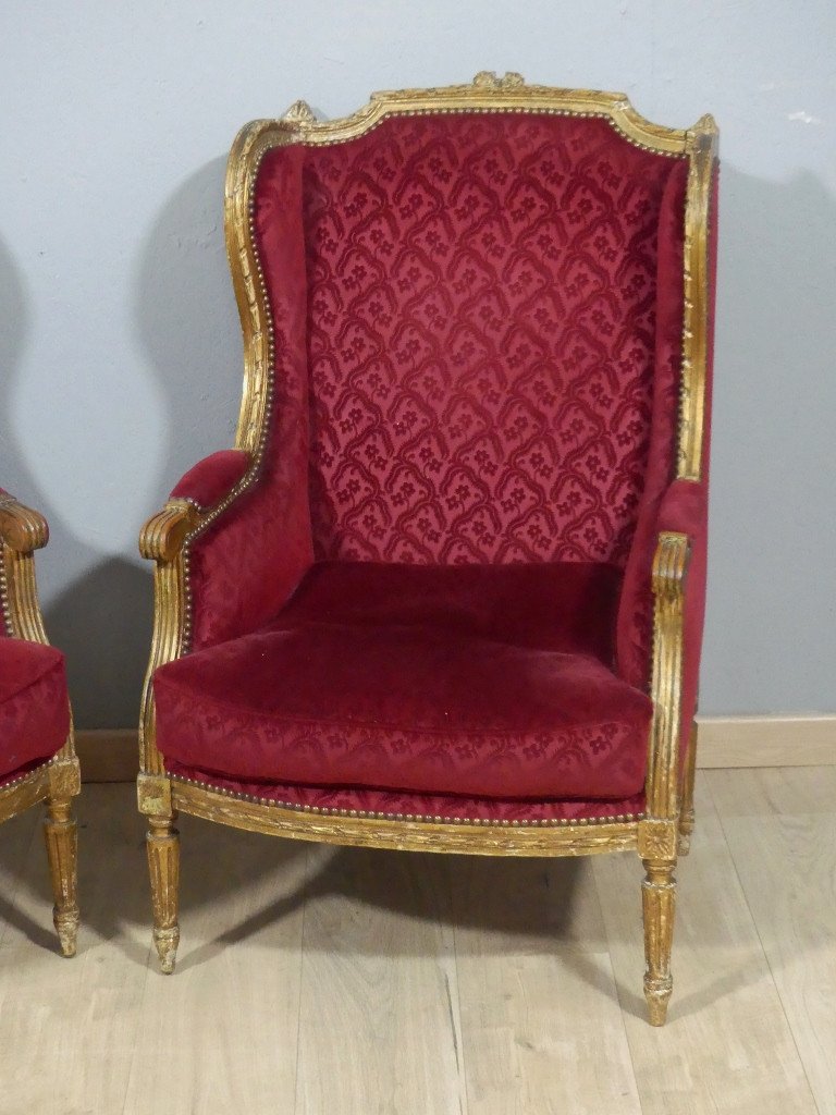 Paire De Bergères à Oreilles Louis XVI En Bois Doré, Recouvert Velours Gaufré Rouge, XIX ème-photo-2