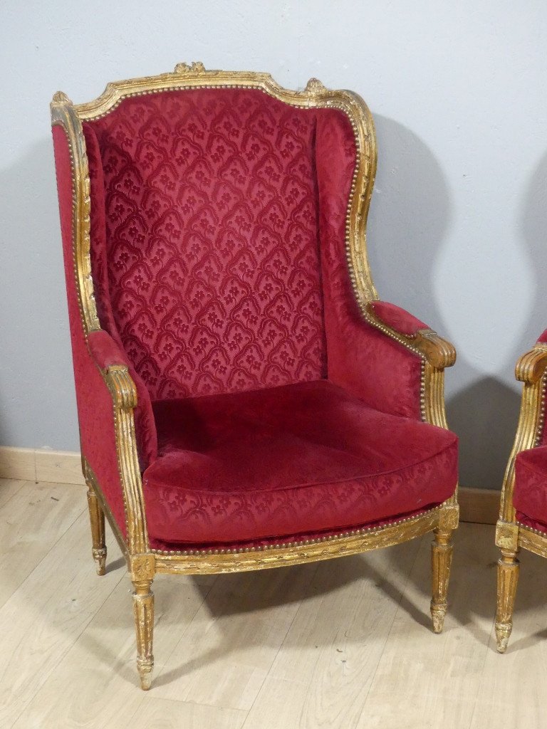 Paire De Bergères à Oreilles Louis XVI En Bois Doré, Recouvert Velours Gaufré Rouge, XIX ème-photo-3