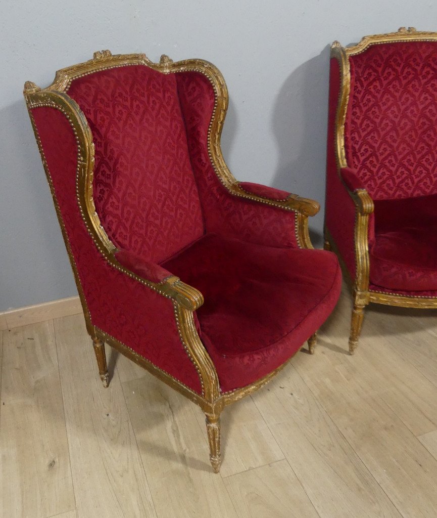 Paire De Bergères à Oreilles Louis XVI En Bois Doré, Recouvert Velours Gaufré Rouge, XIX ème-photo-4