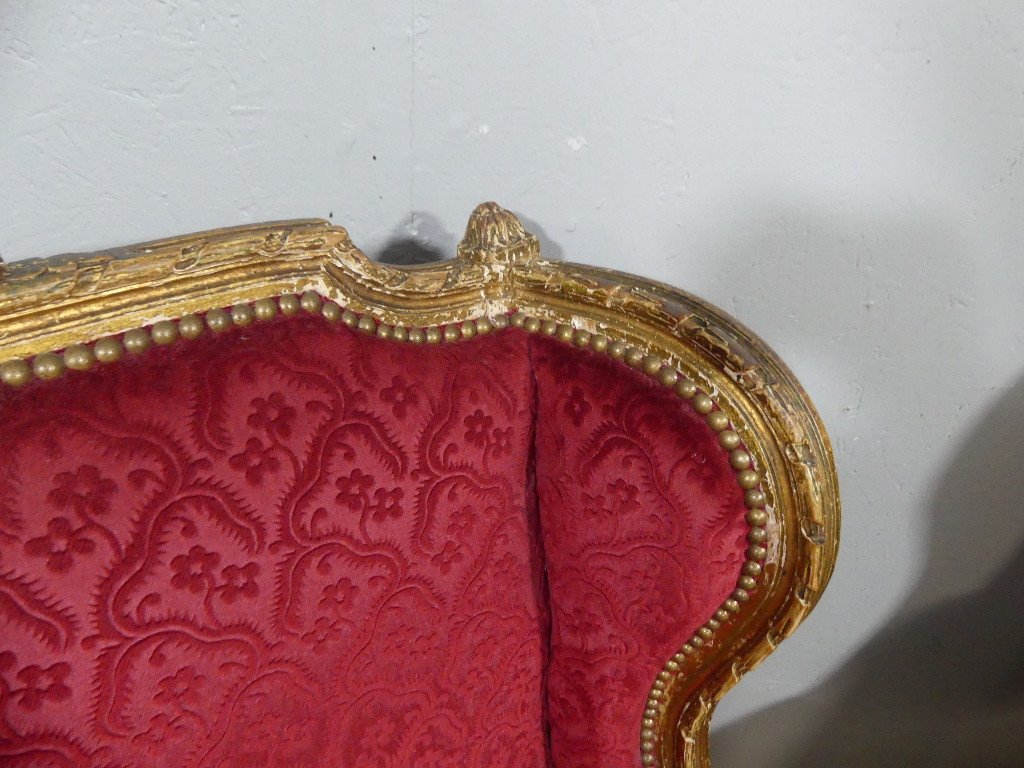 Paire De Bergères à Oreilles Louis XVI En Bois Doré, Recouvert Velours Gaufré Rouge, XIX ème-photo-2