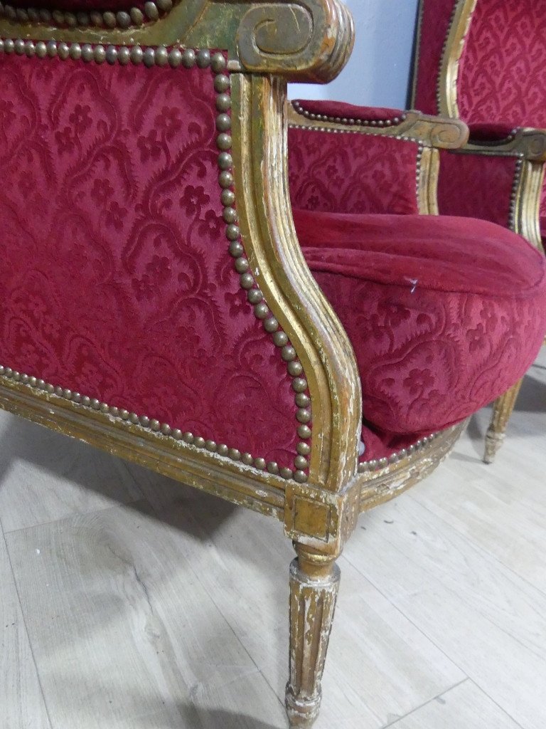 Paire De Bergères à Oreilles Louis XVI En Bois Doré, Recouvert Velours Gaufré Rouge, XIX ème-photo-3