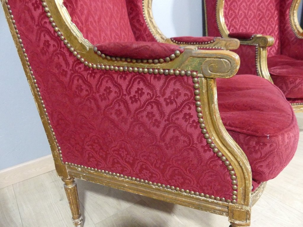 Paire De Bergères à Oreilles Louis XVI En Bois Doré, Recouvert Velours Gaufré Rouge, XIX ème-photo-4