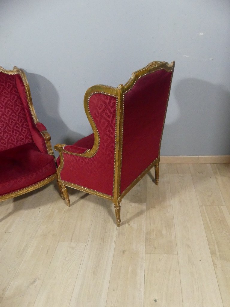 Paire De Bergères à Oreilles Louis XVI En Bois Doré, Recouvert Velours Gaufré Rouge, XIX ème-photo-6