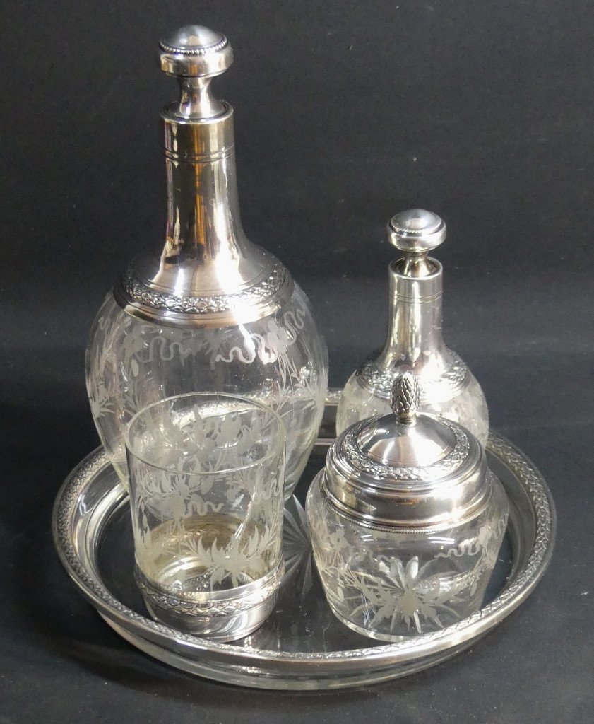 Cabaret Night Service, Solid Silver And Engraved Baccarat Crystal, Louis XVI Late 19th Century