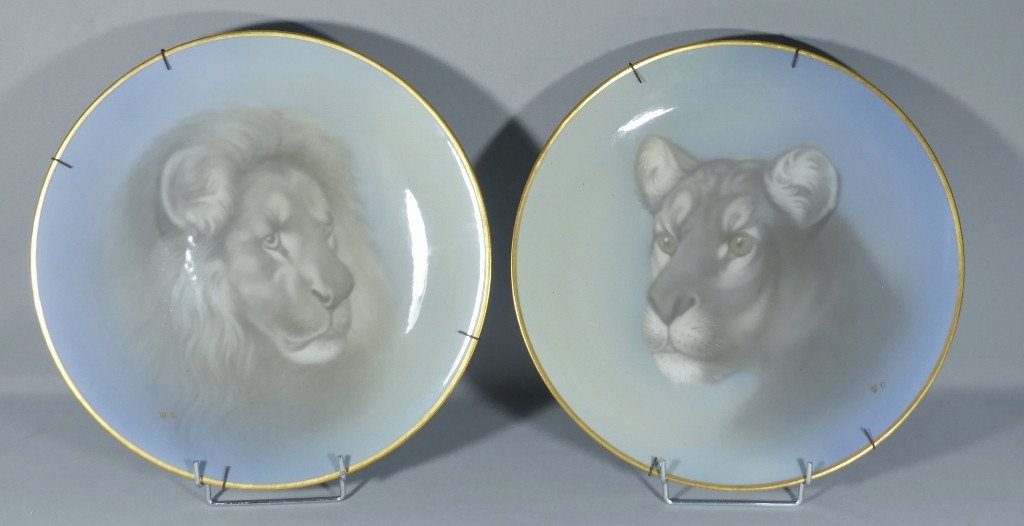 Les Fauves, Paire De Plats Porcelaine Grand Feu Limoges XIX Lion Et Lionne, Pièces Muséales-photo-2