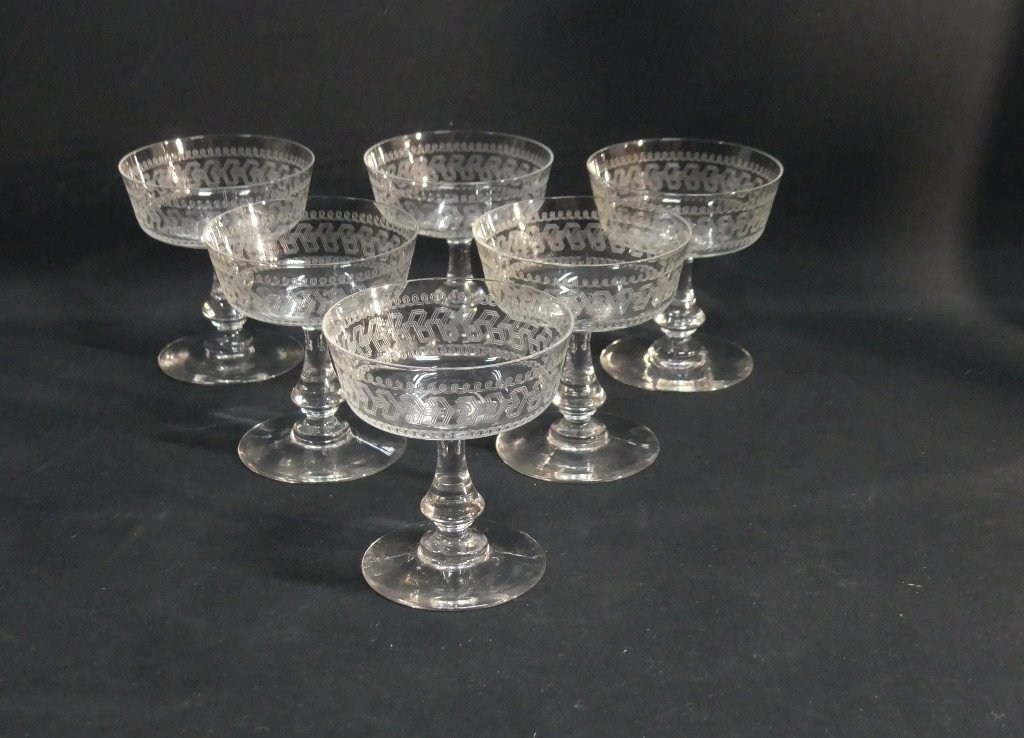 6 Engraved Crystal Champagne Glasses, 19th Century-photo-2