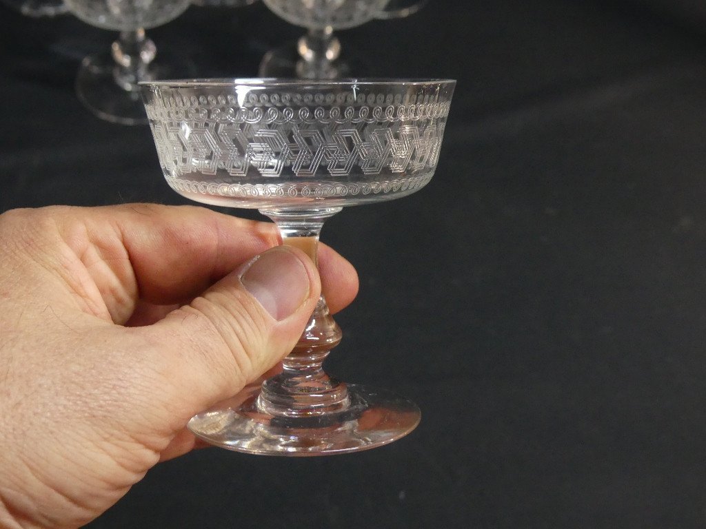 6 Engraved Crystal Champagne Glasses, 19th Century-photo-3