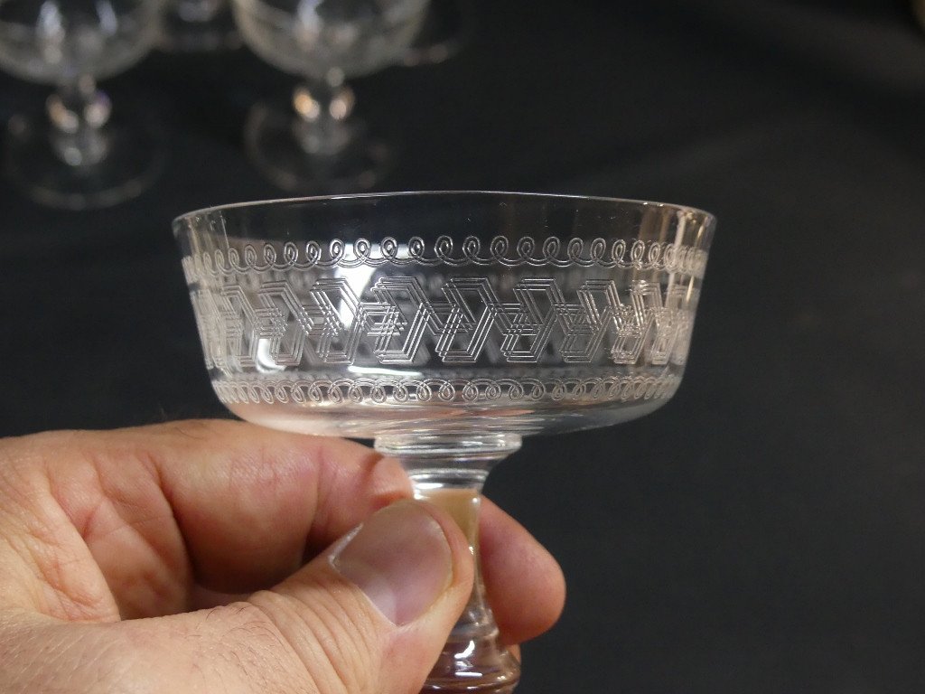 6 Engraved Crystal Champagne Glasses, 19th Century-photo-2