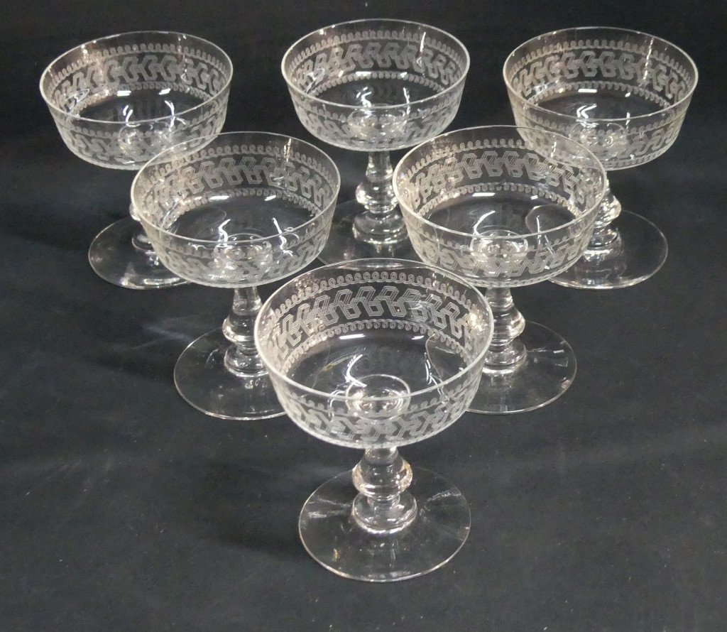 6 Engraved Crystal Champagne Glasses, 19th Century