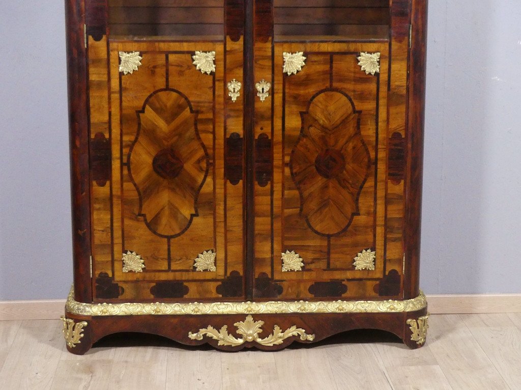 Regency Style Bookcase Display Case In Walnut, Rosewood And Gilt Bronze, 19th Century-photo-2