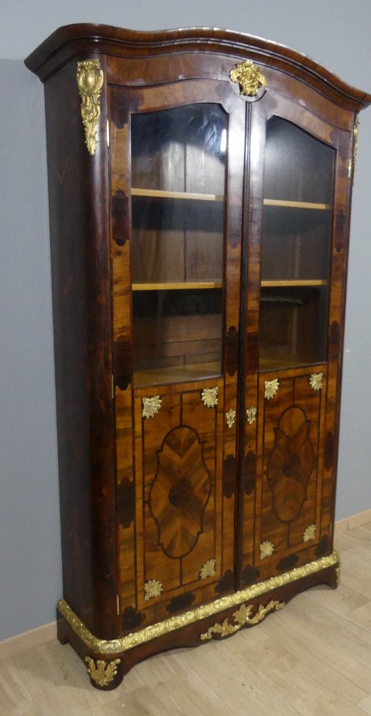 Regency Style Bookcase Display Case In Walnut, Rosewood And Gilt Bronze, 19th Century-photo-1