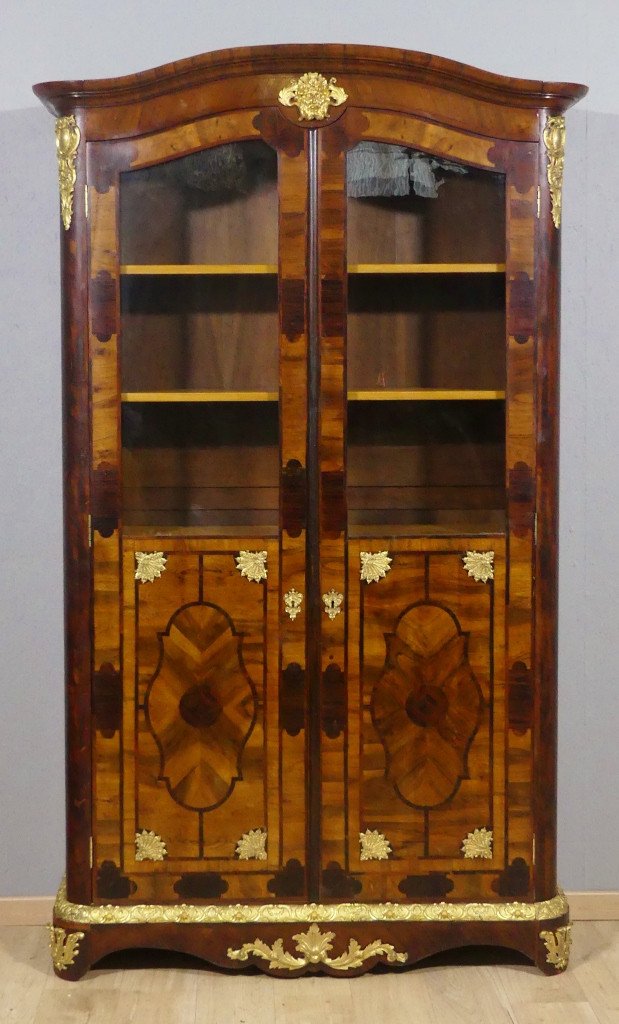 Regency Style Bookcase Display Case In Walnut, Rosewood And Gilt Bronze, 19th Century