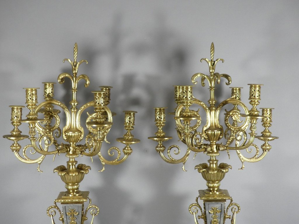 85 Cm Paire De Candélabres Chandeliers De Château  Marbre Turquin Et Bronze Doré Napoléon III -photo-2