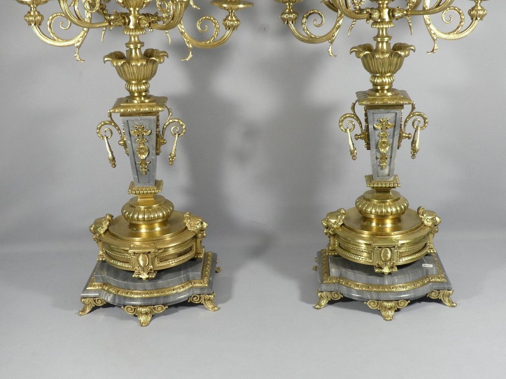 85 Cm Paire De Candélabres Chandeliers De Château  Marbre Turquin Et Bronze Doré Napoléon III -photo-3