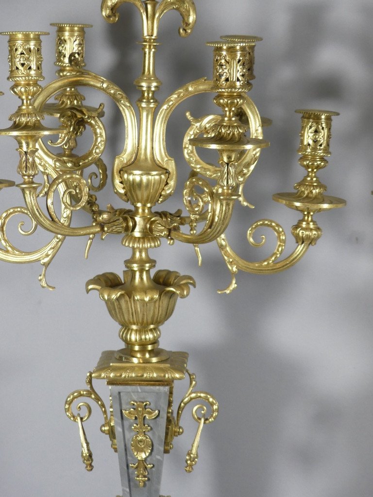 85 Cm Paire De Candélabres Chandeliers De Château  Marbre Turquin Et Bronze Doré Napoléon III -photo-1