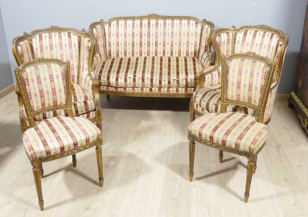 Salon 5 Pièces De Style Louis XVI à Oreilles En Bois Doré, Canapé, 2 Bergères  Et 2 Chaises