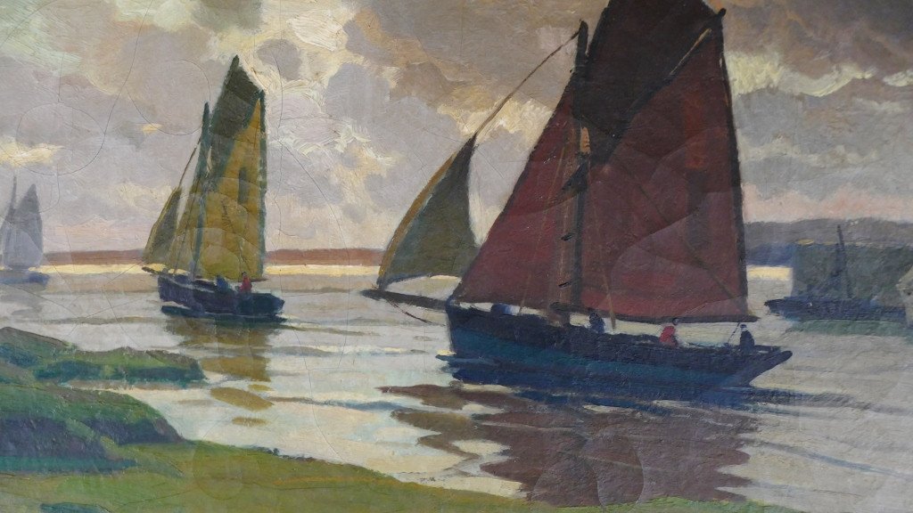 Paul Eschbach (1881-1961), Tuna Boats At The Port Of Concarneau, Oil On Canvas -photo-2