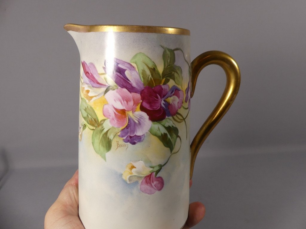 Les Pois De Senteurs, Hand Painted Porcelain Water Pitcher By Planchat, Limoges-photo-2