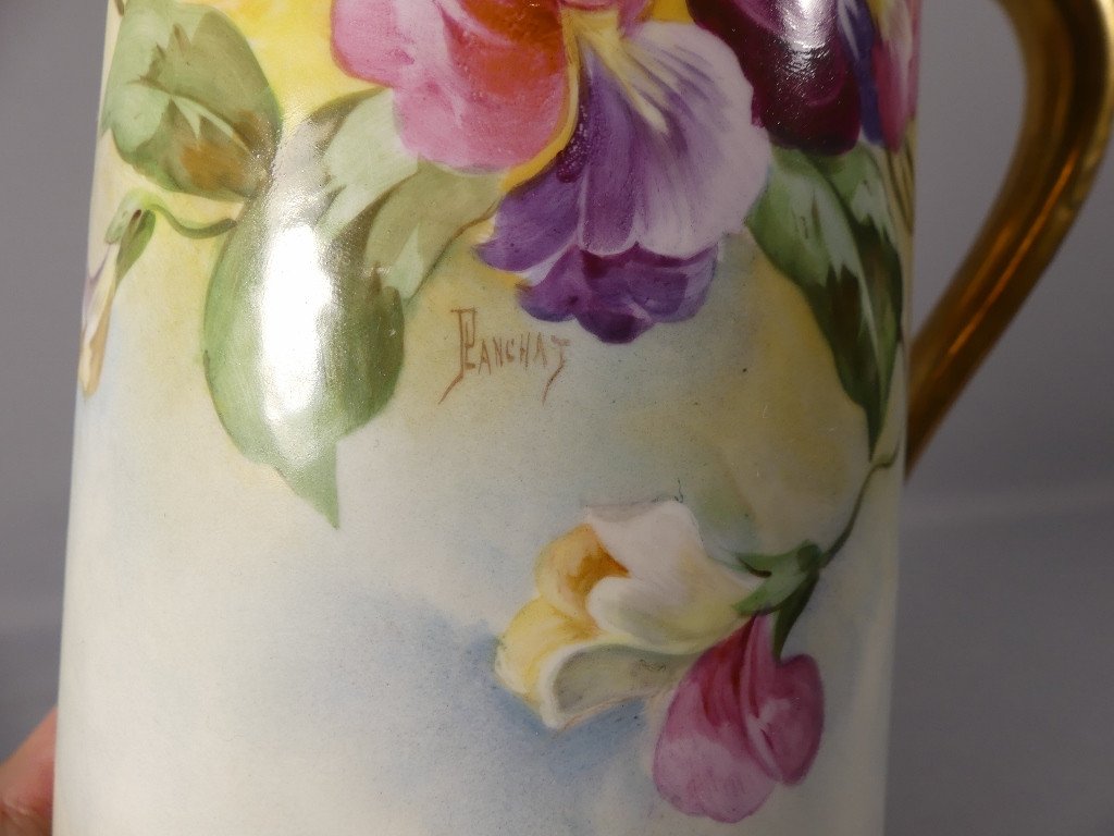 Les Pois De Senteurs, Hand Painted Porcelain Water Pitcher By Planchat, Limoges-photo-3