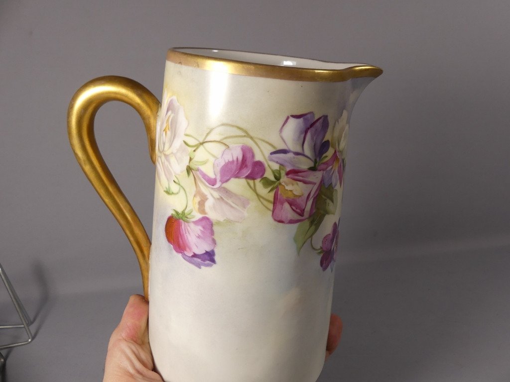 Les Pois De Senteurs, Hand Painted Porcelain Water Pitcher By Planchat, Limoges-photo-2