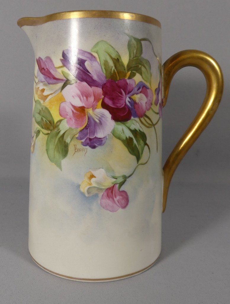 Les Pois De Senteurs, Hand Painted Porcelain Water Pitcher By Planchat, Limoges