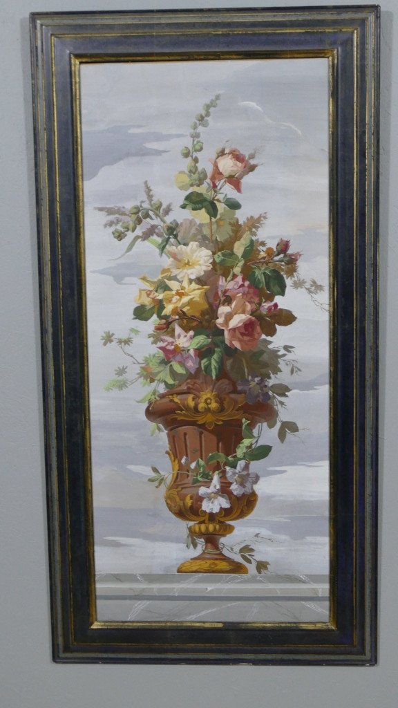 Bouquets Of Flowers, Pair Of Large Watercolor Canvases, Large Decoration, 19th Century-photo-2