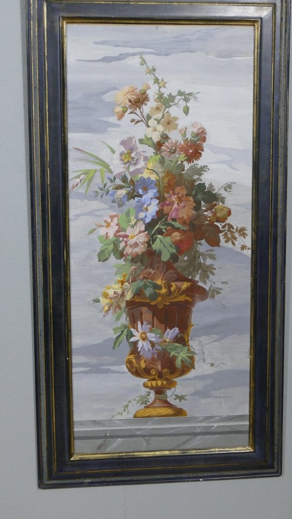 Bouquets Of Flowers, Pair Of Large Watercolor Canvases, Large Decoration, 19th Century-photo-3