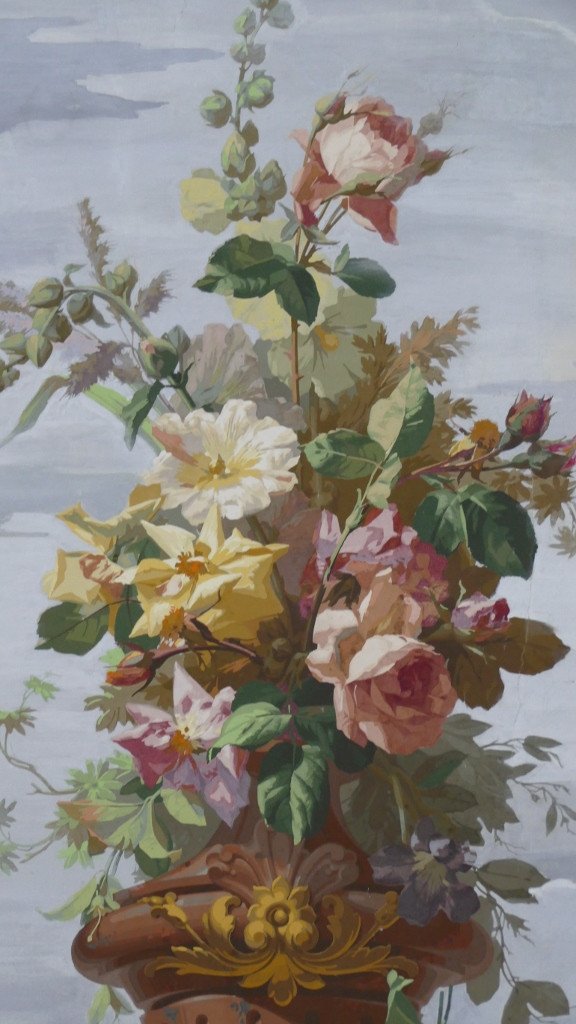 Bouquets Of Flowers, Pair Of Large Watercolor Canvases, Large Decoration, 19th Century-photo-1