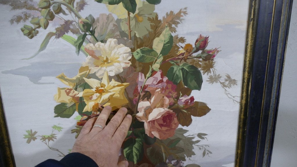 Bouquets Of Flowers, Pair Of Large Watercolor Canvases, Large Decoration, 19th Century-photo-3