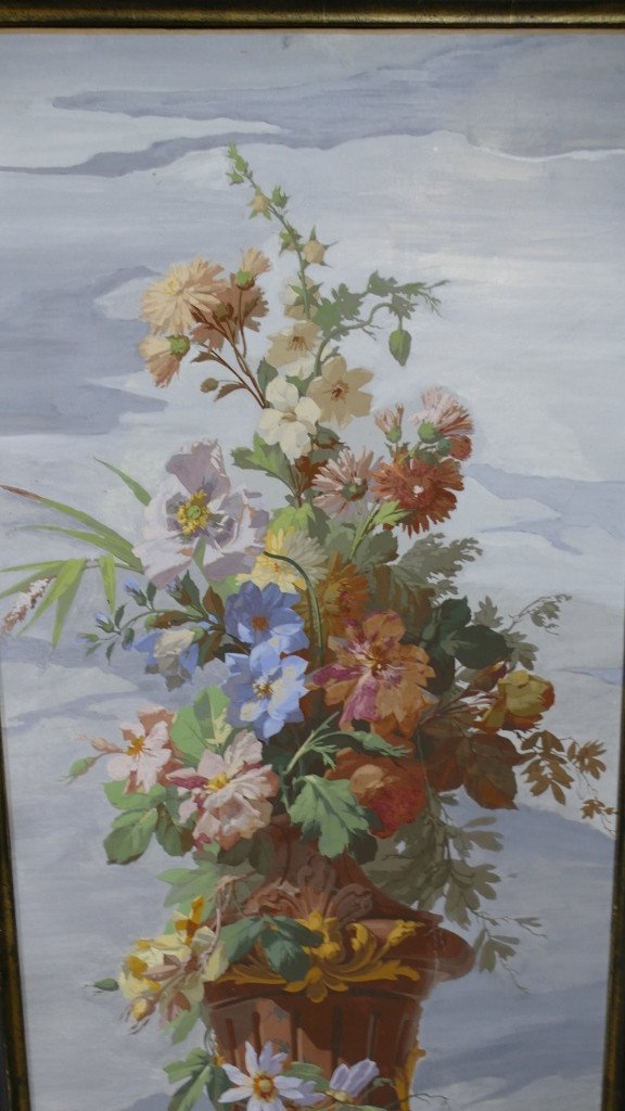 Bouquets Of Flowers, Pair Of Large Watercolor Canvases, Large Decoration, 19th Century-photo-7