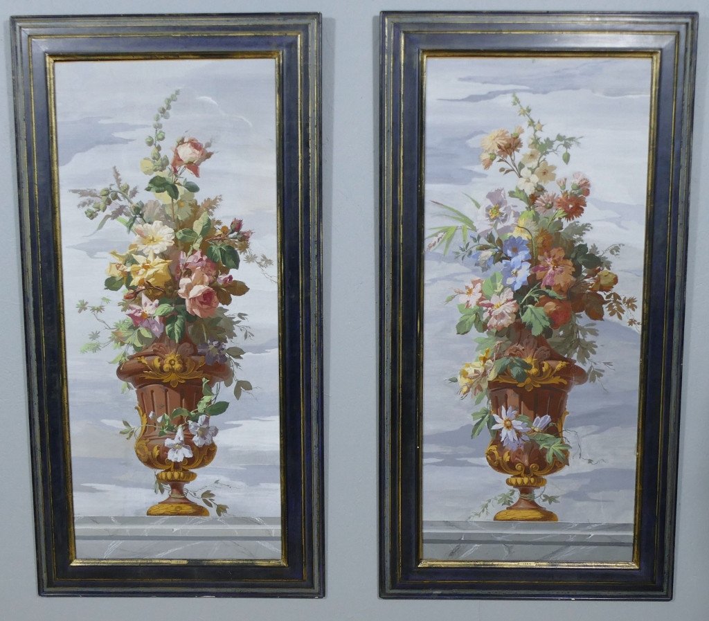 Bouquets Of Flowers, Pair Of Large Watercolor Canvases, Large Decoration, 19th Century