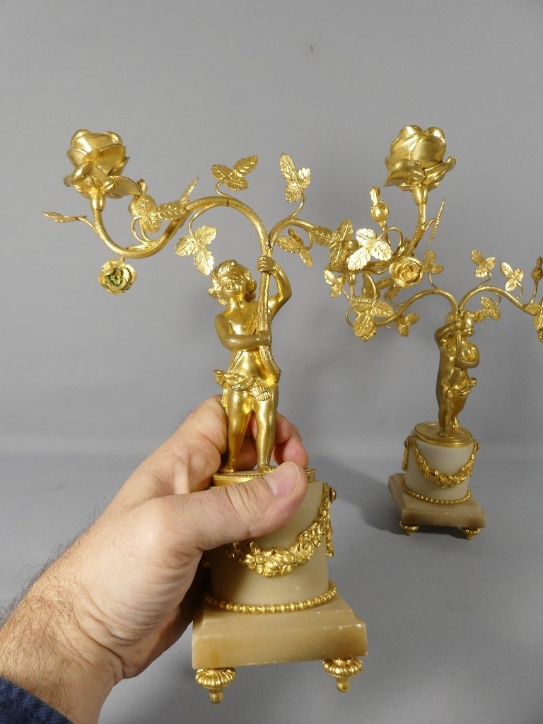 Pair Of Louis XVI Candlesticks With Putti And Roses, Gilt Bronze And Alabaster, 19th Century -photo-5