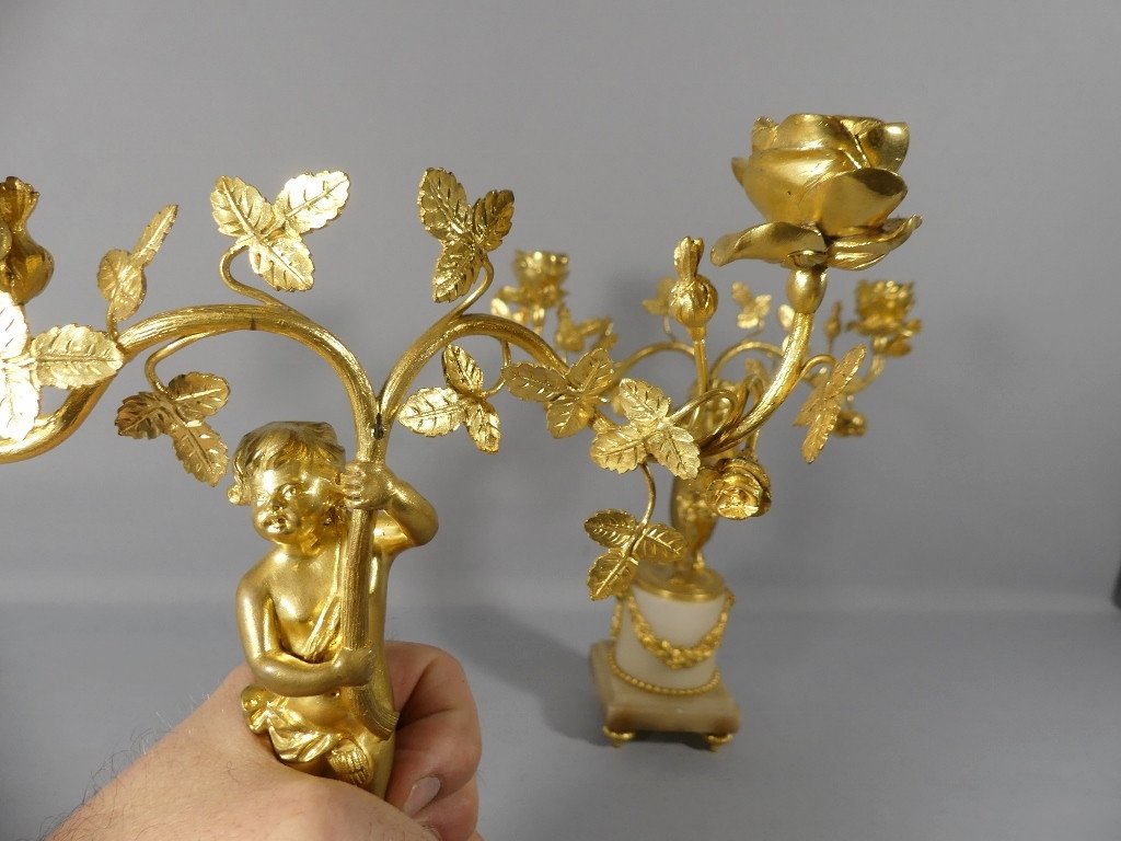 Pair Of Louis XVI Candlesticks With Putti And Roses, Gilt Bronze And Alabaster, 19th Century -photo-8