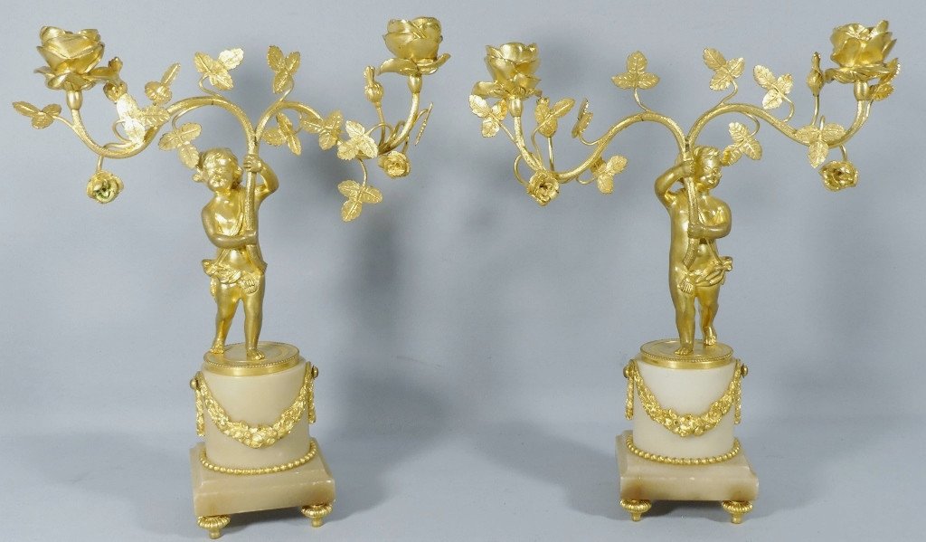 Pair Of Louis XVI Candlesticks With Putti And Roses, Gilt Bronze And Alabaster, 19th Century 