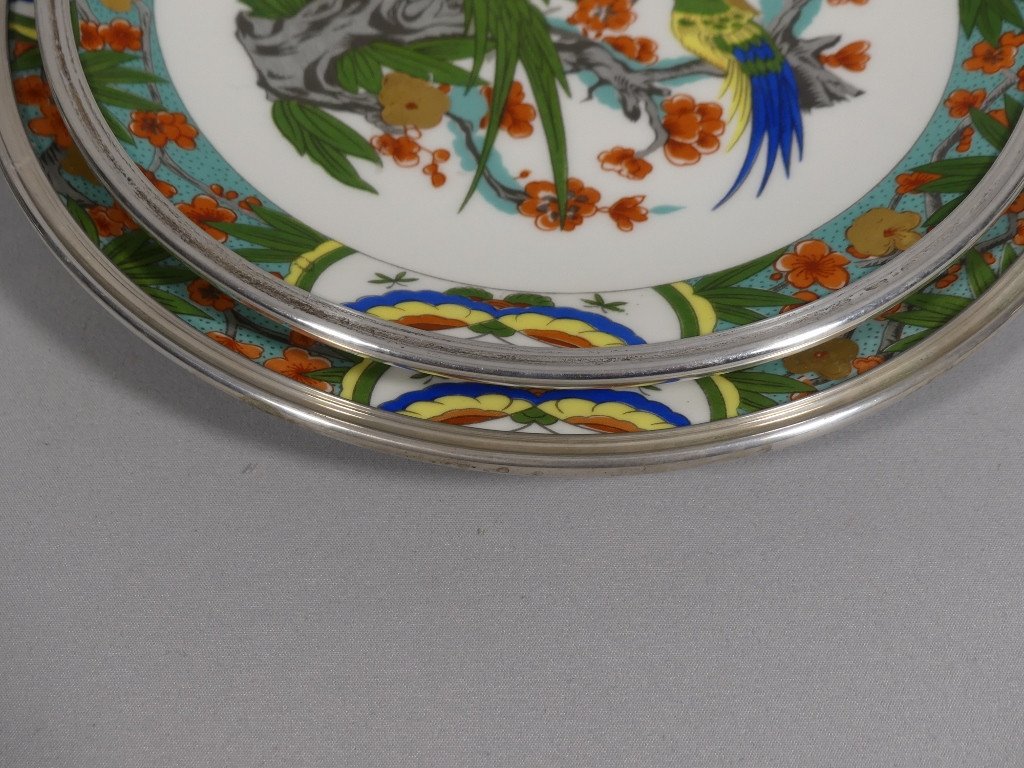 Raynaud Limoges And Goldsmith Tétard Frères, Set Of 2 Pairs Of Porcelain And Silver Plates-photo-3