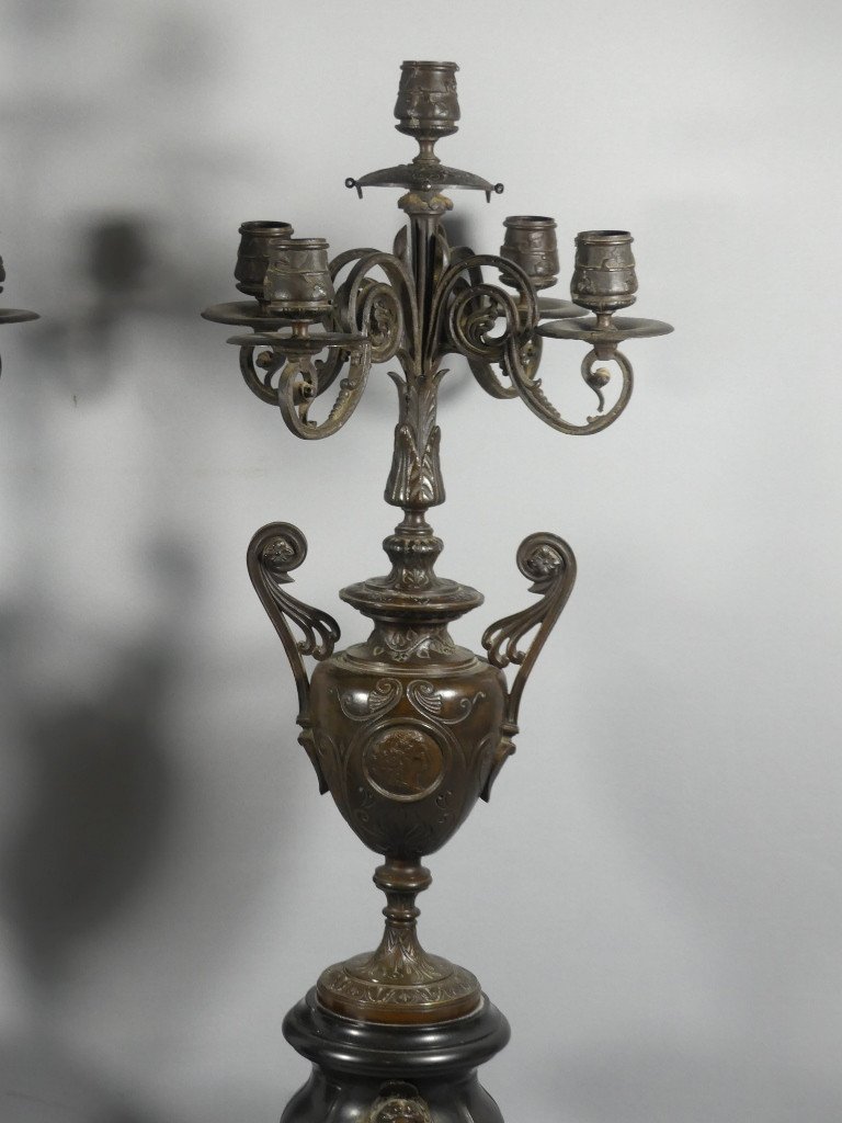 Pair Of Napoleon III Candelabra Candlesticks Patinated Bronze Marble In The Style Of Barbedienne-photo-2