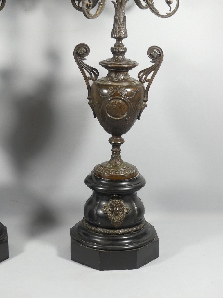 Pair Of Napoleon III Candelabra Candlesticks Patinated Bronze Marble In The Style Of Barbedienne-photo-3