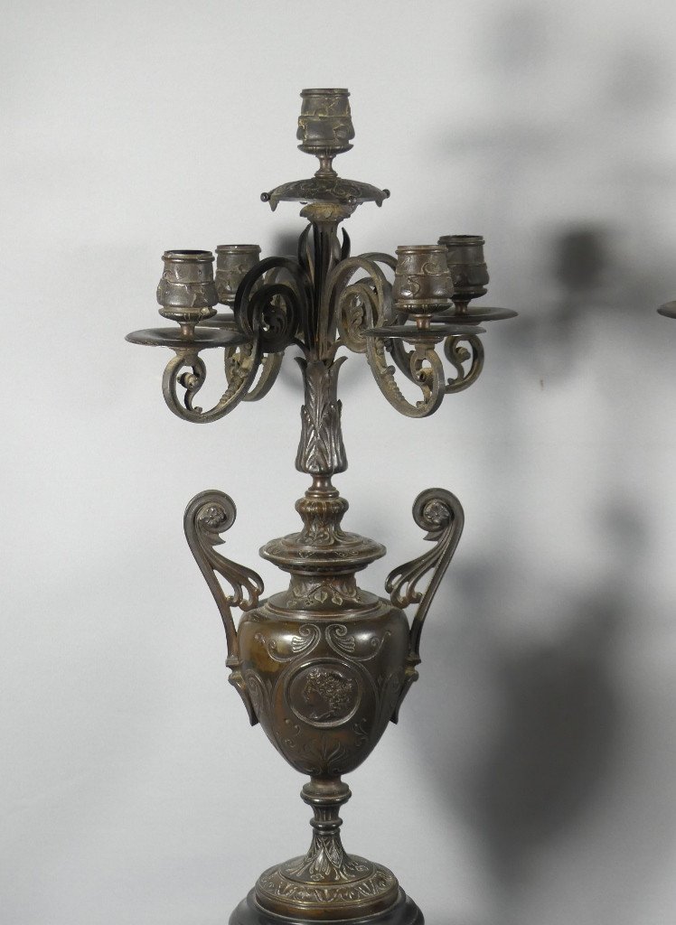 Pair Of Napoleon III Candelabra Candlesticks Patinated Bronze Marble In The Style Of Barbedienne-photo-4