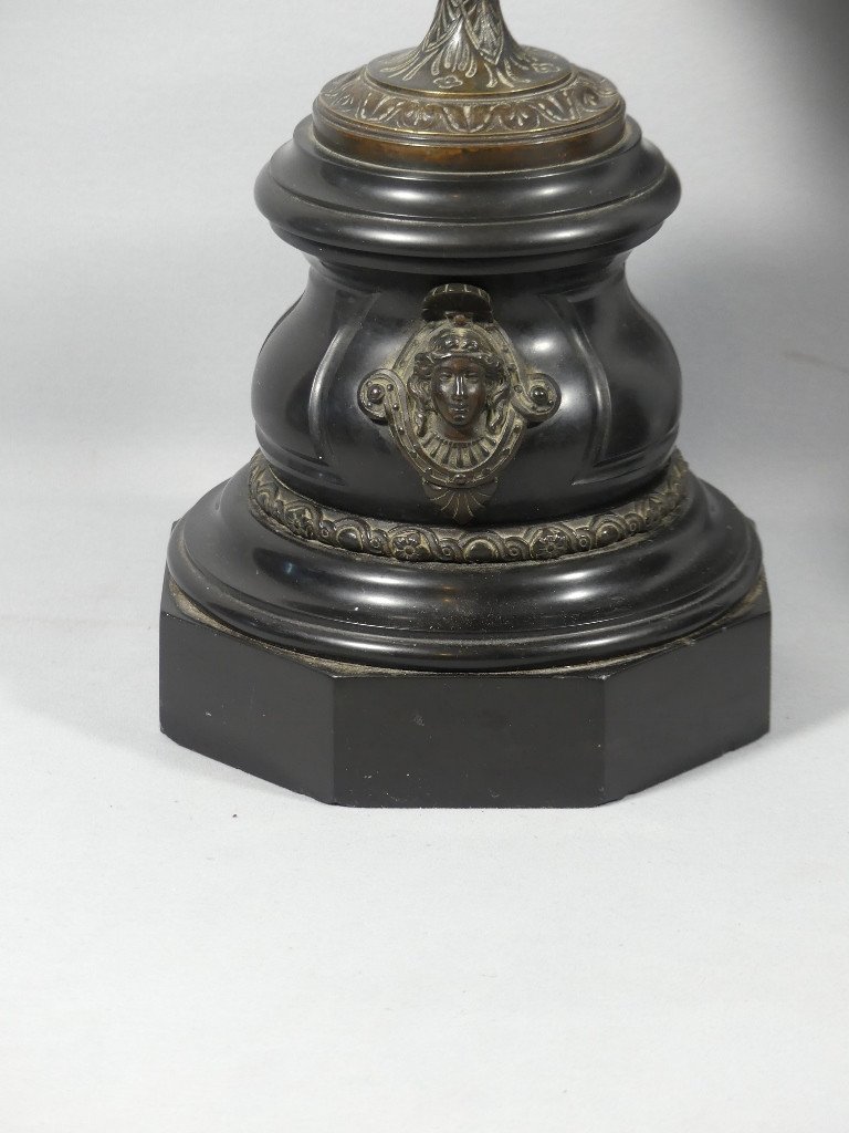 Pair Of Napoleon III Candelabra Candlesticks Patinated Bronze Marble In The Style Of Barbedienne-photo-1