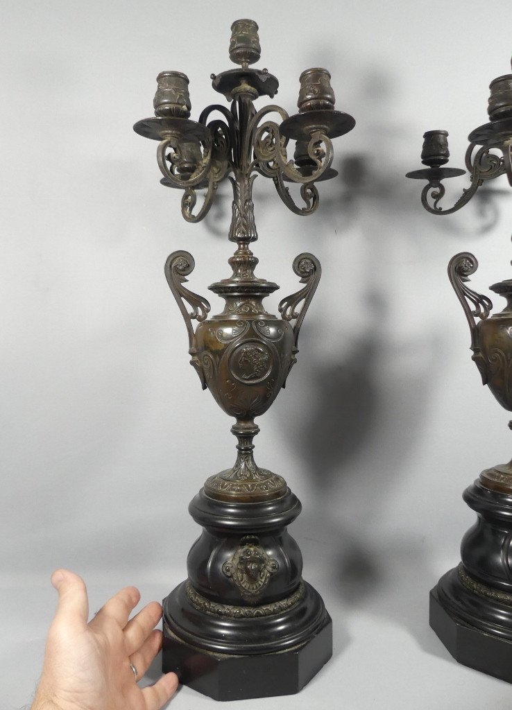 Pair Of Napoleon III Candelabra Candlesticks Patinated Bronze Marble In The Style Of Barbedienne-photo-3