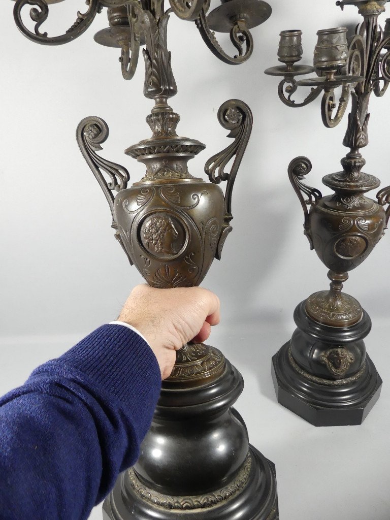 Pair Of Napoleon III Candelabra Candlesticks Patinated Bronze Marble In The Style Of Barbedienne-photo-8