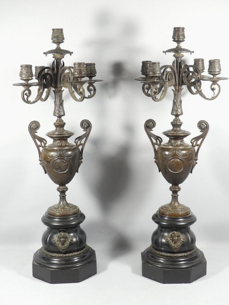 Pair Of Napoleon III Candelabra Candlesticks Patinated Bronze Marble In The Style Of Barbedienne