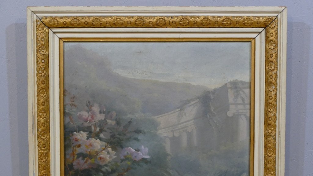 Pierre Bourgogne (1838-1904), Tableau Huile Sur Toile Jeté De Fleurs Et Paysage De Ruines -photo-4