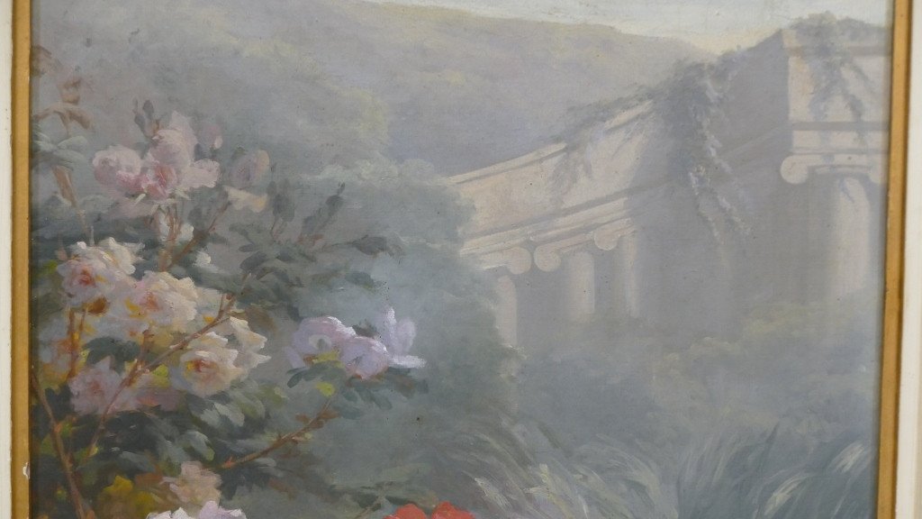 Pierre Bourgogne (1838-1904), Tableau Huile Sur Toile Jeté De Fleurs Et Paysage De Ruines -photo-1