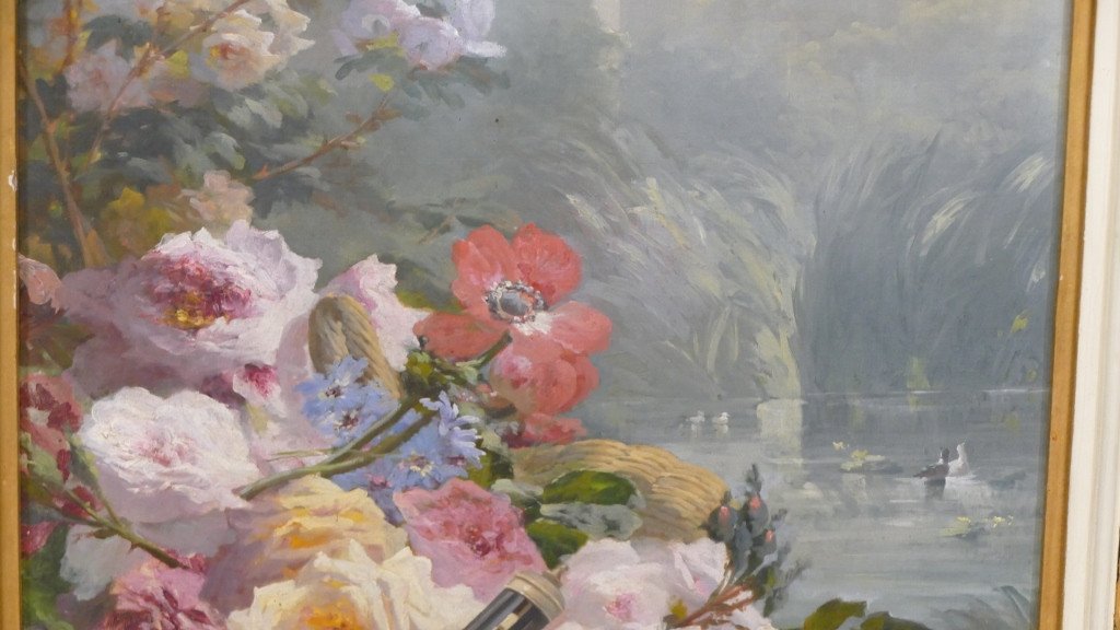 Pierre Bourgogne (1838-1904), Tableau Huile Sur Toile Jeté De Fleurs Et Paysage De Ruines -photo-2