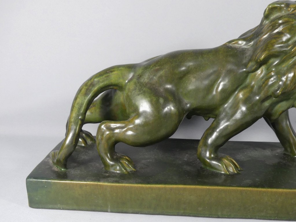 The Lion, Green Glazed Terracotta, Sculpture Mid 20th Century-photo-2